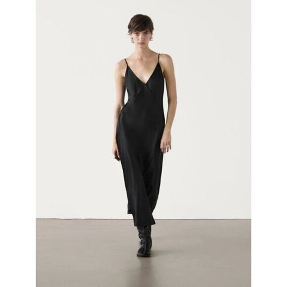 Massimo Dutti Womens Slip Midi Dress Size XS Black Satin Lace trim 6650/550 NWT Women Massimo Dutti Womens Slip Midi Dress Size XS Black Satin Lace trim 6650/550 NWT Women